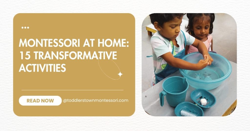 Child practicing water pouring activity with Montessori setup