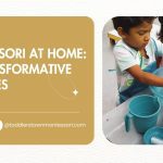 Child practicing water pouring activity with Montessori setup